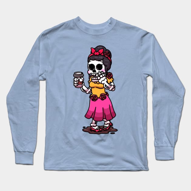 Skeleton Woman Trying To Drink Coffee Long Sleeve T-Shirt by TheMaskedTooner